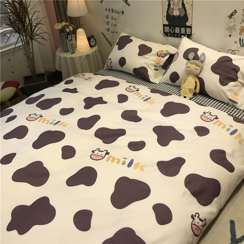 JazzHer Cute Bear Bedding Set Cartoon Floral And Animal Duvet Cover Blue Flat Sheet Soft Polyester Kawaii Queen Full Size Bed Linen