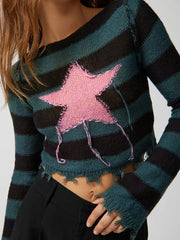 thanksgiving outfit JazzHer Women Fairy Grunge Star Sweater Long Sleeve Crewneck Crochet Knitted Crop Top Vintage Aethsetic Slim Fit Going Out Pullovers