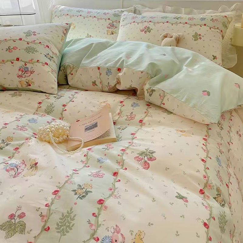 JazzHer Floral Bedding Set Ins Lilac Duvet Cover with Zipper No Filler Flat Sheet Pillowcase Twin Full Queen Size Girls Bed Linens