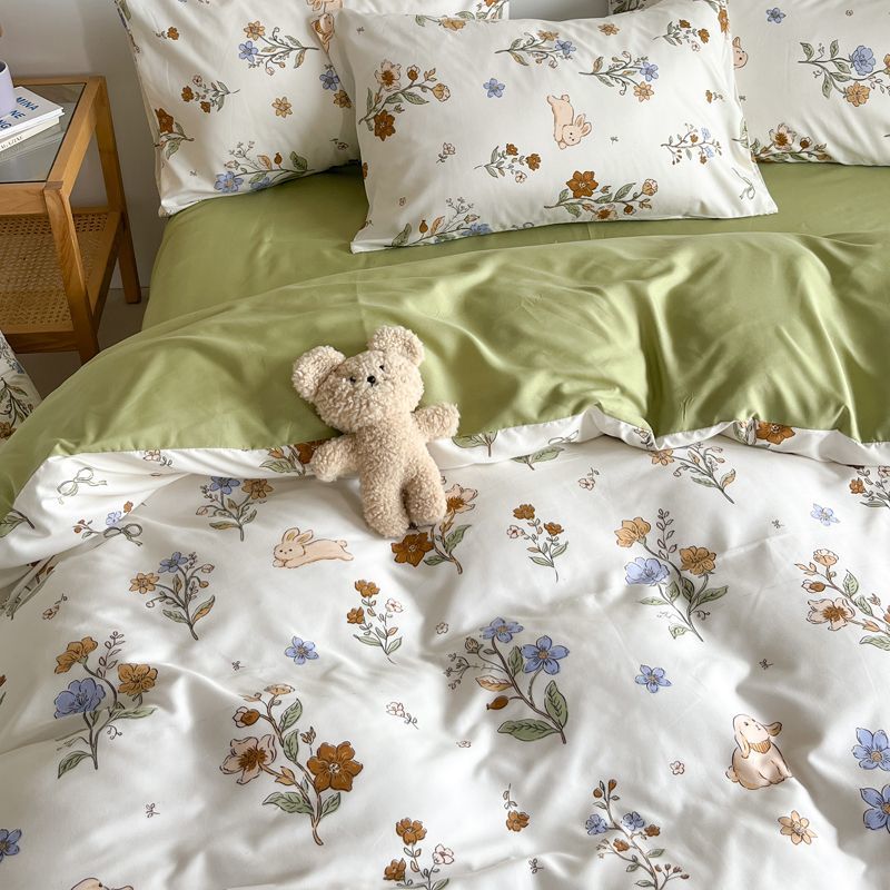 JazzHer Pink Floral Bedding Set Soft Ins Single Double Queen Size Duvet Cover Flat Sheet Pillowcase Girls Home Totel Bed Linens