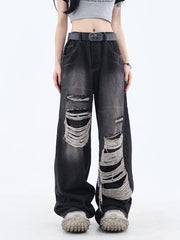 christmas outfit JazzHer Women's Gothic Black Jeans High Waist Vintage Korean Fashion Y2k Streetwear Ripped Pants Harajuku Casual Wide Leg Denim Trousers