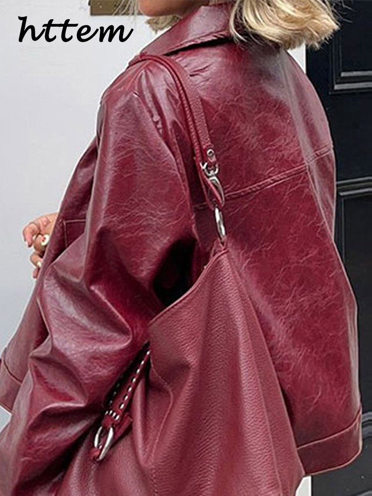 JazzHer Elegant Red Faux Leather Jackets Women Loose Lapel Single Breasted Pockets Long Sleeve Coat 2024 Autumn Lady Street Outwear New