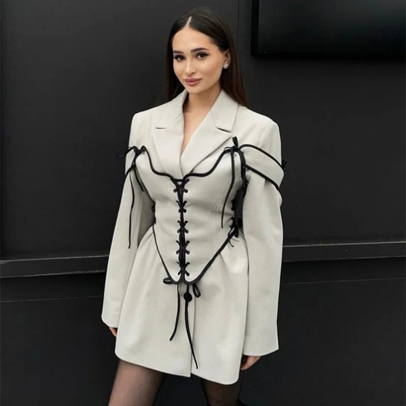 thanksgiving outfit JazzHer Elegant England Panelled Dress Women Lace Up Lapel Full Sleeves Empire Mini Dresses Female 2024 Autumn Commute Lady Robes