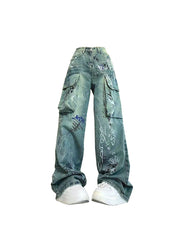 christmas outfit JazzHer Women Blue Graffiti Cargo Jeans Baggy Vintage Korean Cowboy Pants Harajuku Denim Trouser 90s Aesthetic Y2k 2000s Trashy Clothes