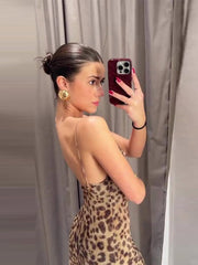 JazzHer Leopard Print Mesh Sling Dress Women Sexy Backless Sleeveless Hip Package Female Dresses 2024 Summer Lady Evening Party Robes