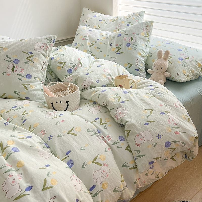 JazzHer INS Cute Little Dog Teddy Double Layer Bedding Set Lovely Cartoon Animal Brown Sheet With Pillowcases Quilt Dormitory For Kids