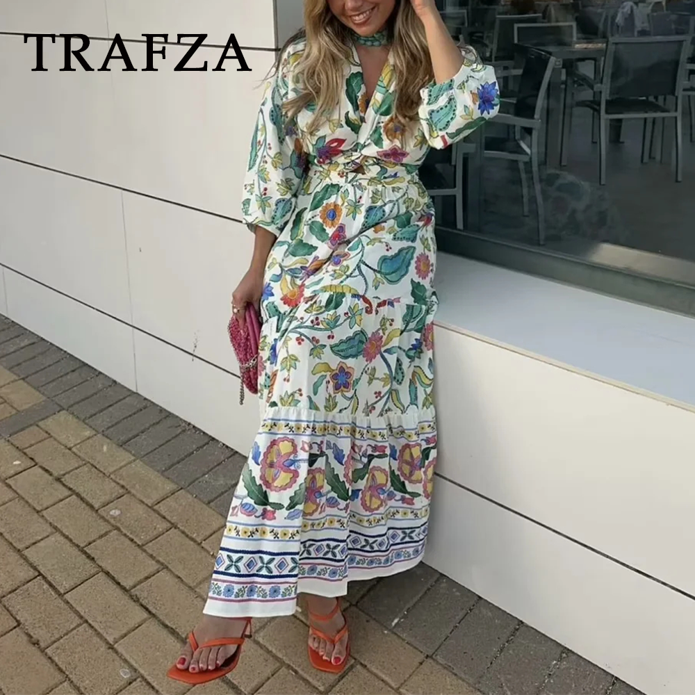 cold weather outfits JazzHer 2024 Spring Summer Bohemian Women Dresses Fashion Vintage Print V Neck Raglan Sleeve Loose Hollow Out Ladies Dresses