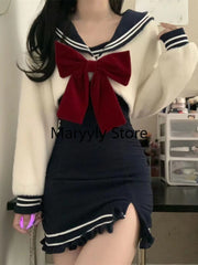 JazzHer 2025 Autumn Elegant Knitted Suits Women Kawaii Clothing 2 Piece Dress Set Casual Sweater Blouse + Strap Mini Dress Y2k Clothing