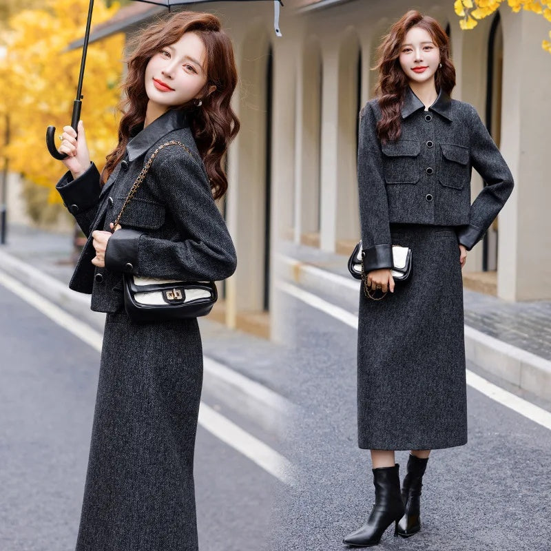 cold weather outfits JazzHer Fashionable Casual Suit Autumn/Winter New PU Leather Patchwork Tweed Style Down Jacket Half Skirt 2-Piece Set Skirt YJ6816