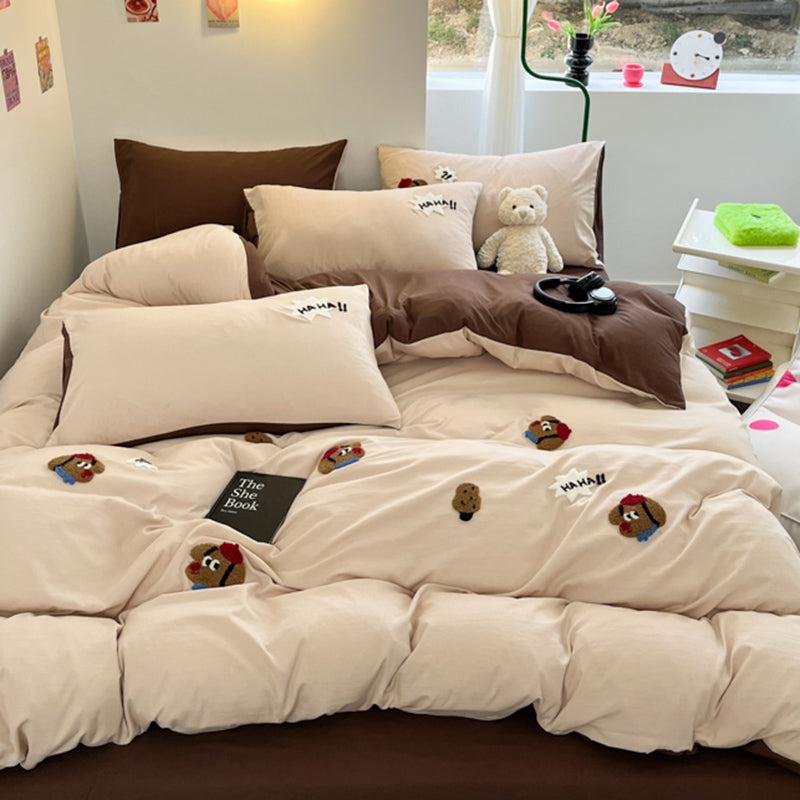 JazzHer Cookie Dog Embroidery Bedding Set Twin Queen Duvet Cover Set Pillowcases for Adult Kids Bed Flat Sheet Cute Quilt Cover Kawaii