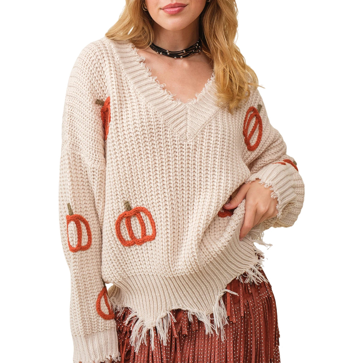 thanksgiving outfit JazzHer Women Halloween Sweater, Long Sleeve V Neck Pumpkin Pullover Warm Sweater for Fall Winter