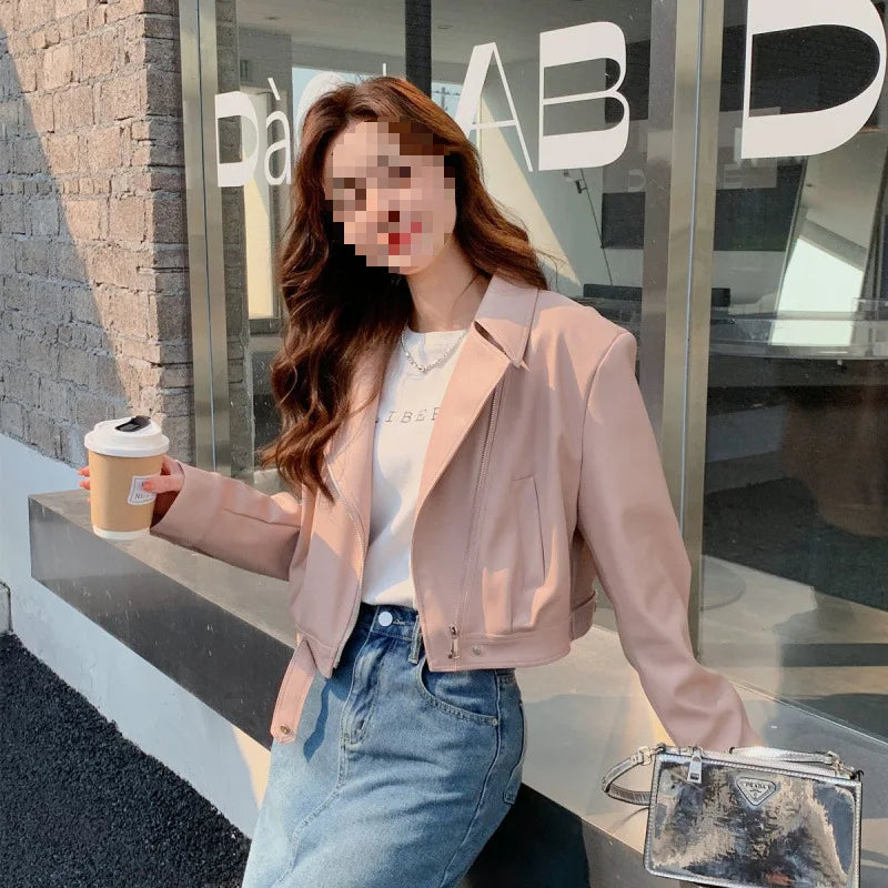 cold weather outfits JazzHer Pink PU Leather Jacket Women's Cropped Petite Jacket 2024 New Spring Autumn Street Style Fashion Overcoat From China Mainland