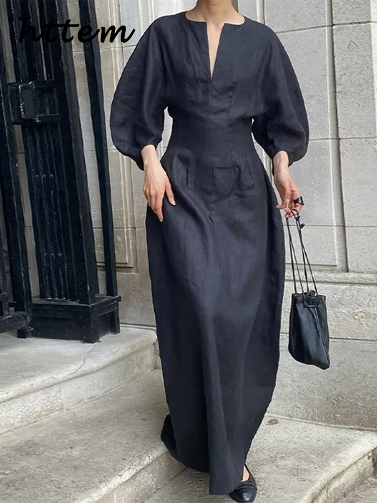 JazzHer Elegant Pleated Cotton Linen Long Dress Women Casual Loose V-neck Half Lantern Sleeve Female Dresses 2024 Autumn Lady Solid Robe