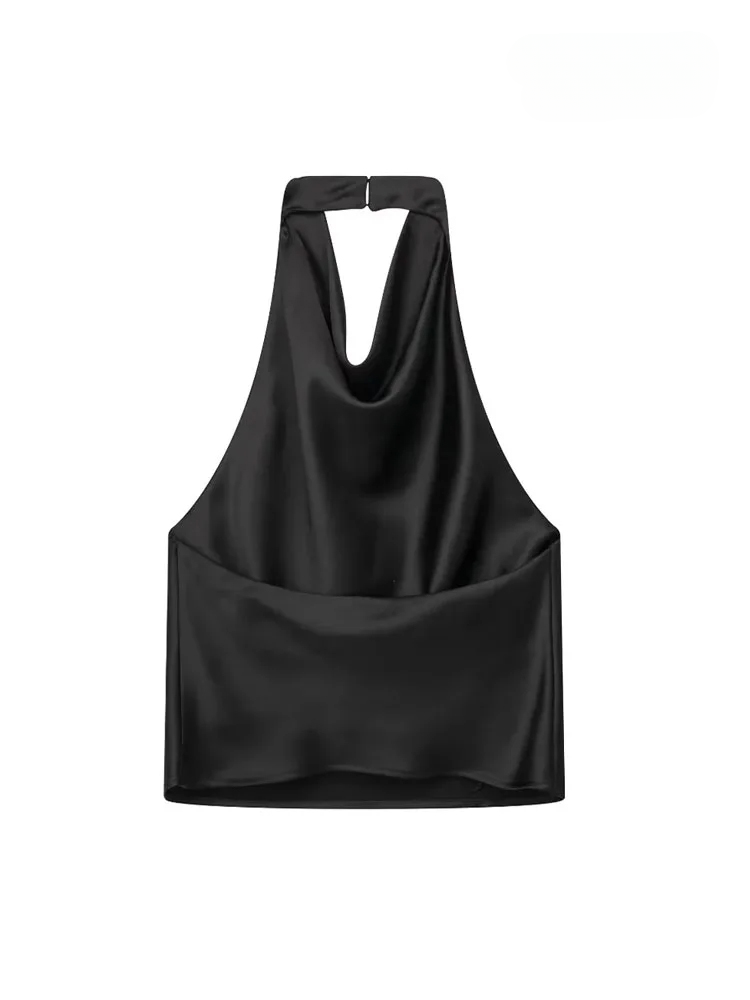 JazzHer Women Fashion Satin Flowing Halterneck Tank Tops Sexy Backless With Button Female Camis Mujer