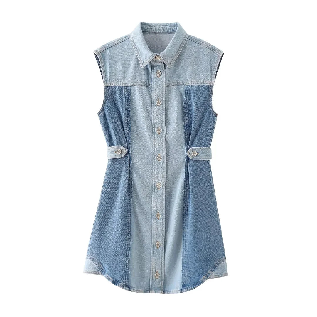 cold weather outfits JazzHer 2024 Spring Summer Casual Denim Women Dresses Fashion Vintage Patchwork Turn-down Collar Sashes Sleeveless Mini Dresses