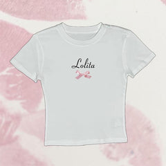 JazzHer Sweet Bow Lolita Print Cute Sexy Crop Tops Aesthetic Fairy Fashion Y2K Clothes Emo Girls Punk Fairy tale Streetwear Baby T-Shirt