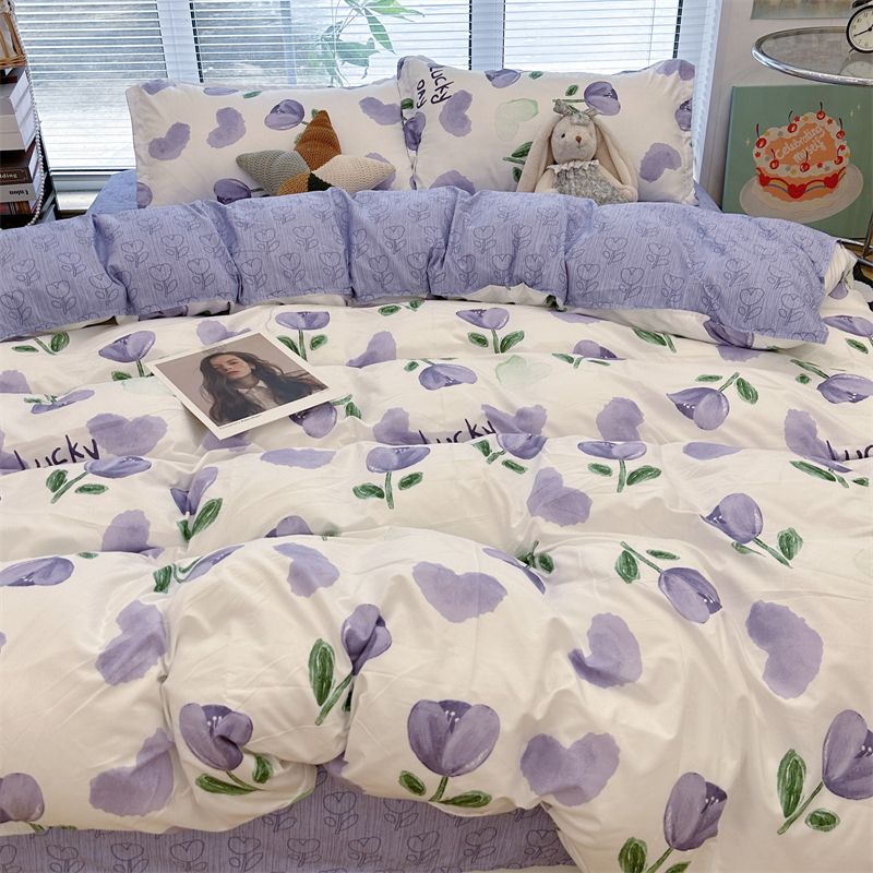 JazzHer Korean Style Duvet Cover Set No Filler Fashion Floral Ins Twin Double Queen Size Boys Girls Flat Sheet Pillowcases Bedding Linen