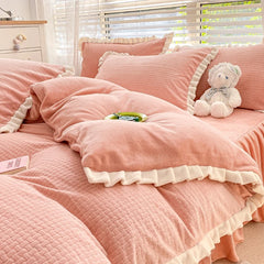 JazzHer Carved milk fleece four-piece set thickened warm solid color winter flannel fleece quilt cover coral fleece bedding