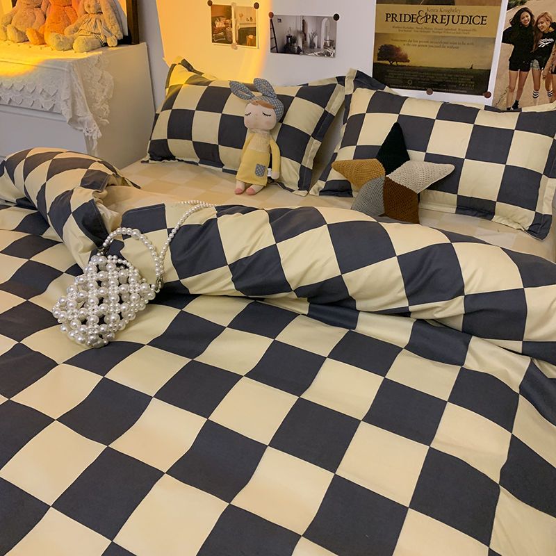 JazzHer Fashion Bedding Set Hot Checkerboard Boys Girls Single Double Queen Size Flat Sheet Quilt Duvet Cover Pillowcase Bed Linens