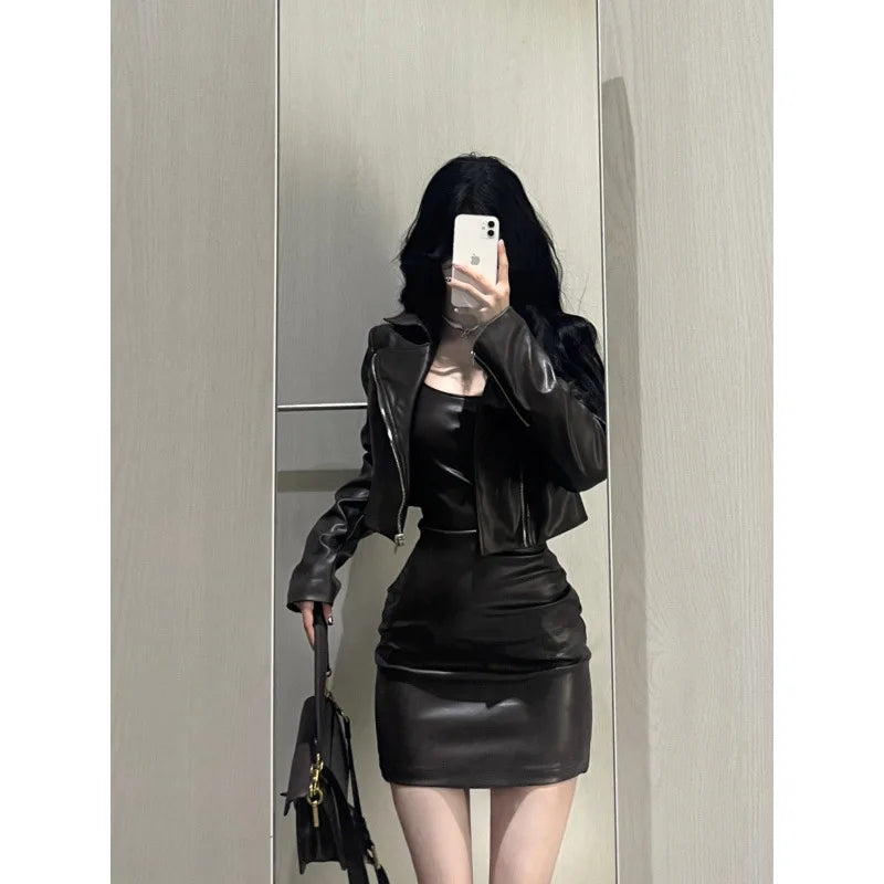 cold weather outfits JazzHer 2024 Autumn New Women's Cropped Leather Jacket Tank Dress Slimming Bodycon Skirt Trendy Fashionable Female Dress Set