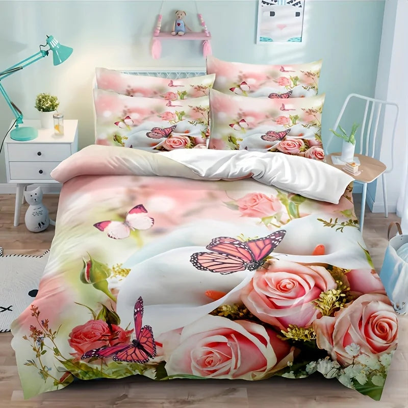 JazzHer 3pcs Duvet Cover Set, Rose Flower Butterfly Printed Bedding Set, Soft Comfortable Breathable Duvet Cover With Pillowcase