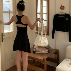 JazzHer 100% Cotton Sexy Backless Dress Women French Fashion Elegant A Line Mini Dress Summer Black Slim High Waist Vestidos New