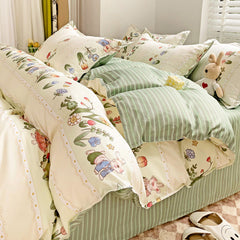 JazzHer Cute Rabbit Carrot Bedding Set Soft Green Flat Sheet Quilt Cover Pillowcase Bed Linen Twin Queen Full Size Floral Duvet Cover