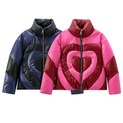 cold weather outfits JazzHer Autumn/Winter New Arrival Warm PU Leather Puffer Jacket Fashionable Heart-Shaped Color Block Casual Cotton Coat Thickened Cotton