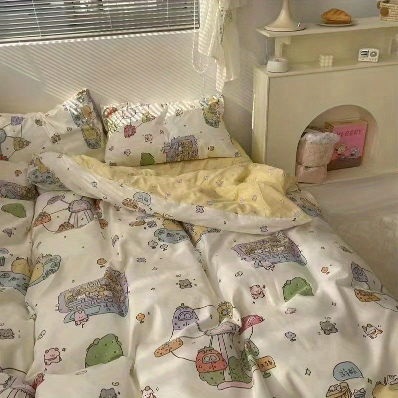 JazzHer Korean Style Cartoon Sheep Bedding Set Girls Kids Twin Full Queen Size Bed Flat Sheet Duvet Cover Pillowcases Bed Linen Kawaii