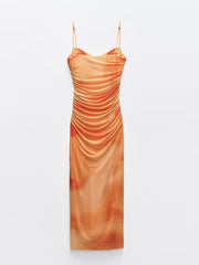 JazzHer Pleated Print Sling Long Dresses Women Sexy Sleeveless Backless Midi Dress 2025 Summer V Neck Bodycon Ladies Fashion Party Robe