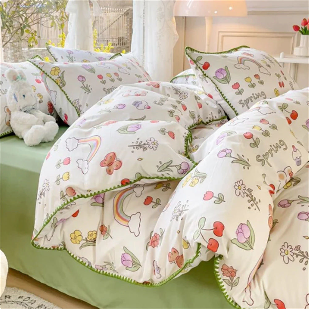 JazzHer Lovely Pastoral Girls Flower Bedding Set, Soft Washed Cotton Bed Linens For Dreamy Nights, Simple Bedspread And Home Textile