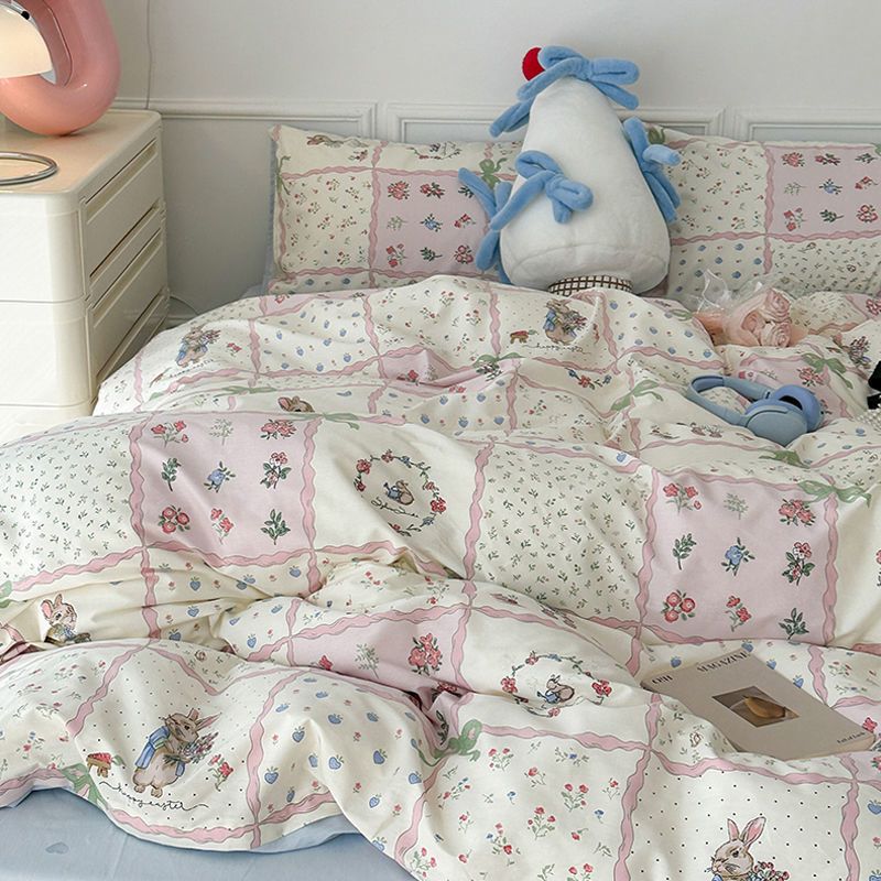 JazzHer Cute Kids Bedding Set Rabbit Dinosaur No Filler Single Queen Size Duvet Cover Flat Sheet Pillowcase Girls Boys Comforter Duvet
