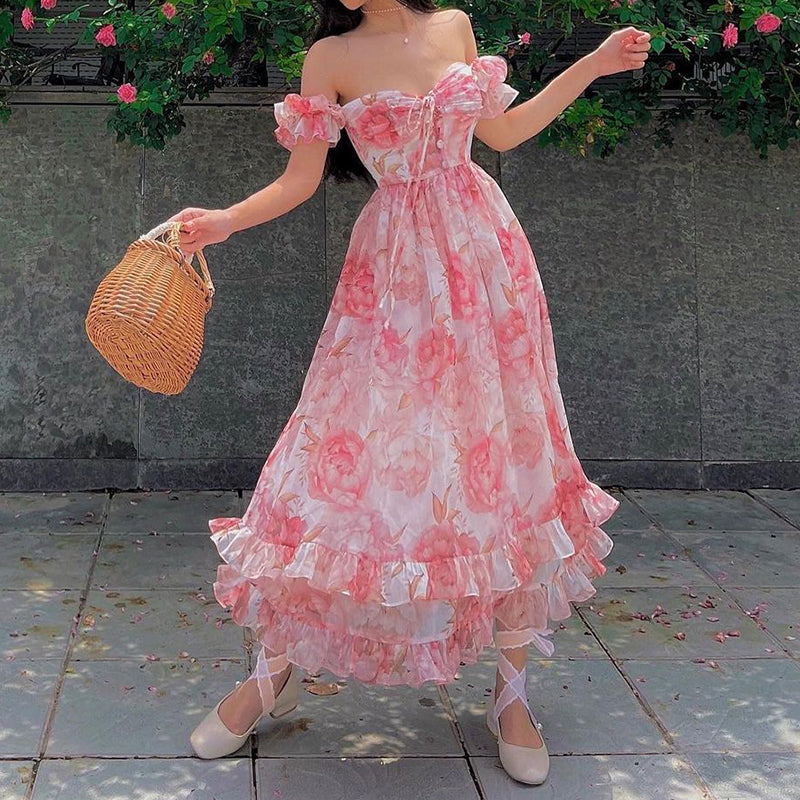 JazzHer-Women Summer Sexy y2k Fairy Dress Casual Loose Dress Vintage Ruffle Floral Print Maxi Dress