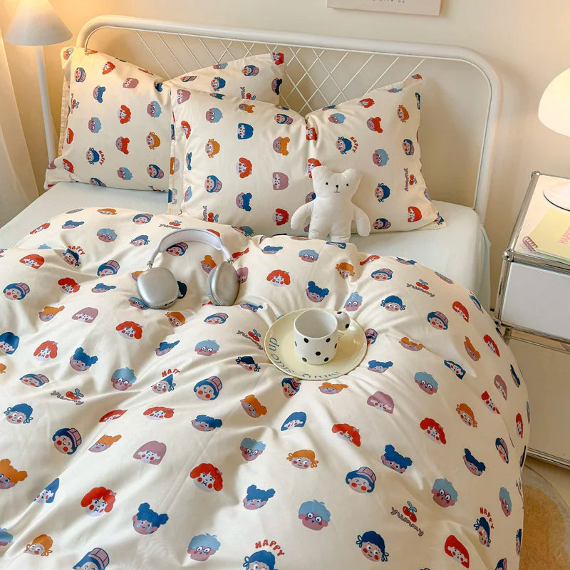 JazzHer Queen Bedding Set Reactive Printed Bed Sheet Sets Washed Polyester Soft Duvet Cover Bed Sheet Pillowcase Cartoon Bedding Bed Set