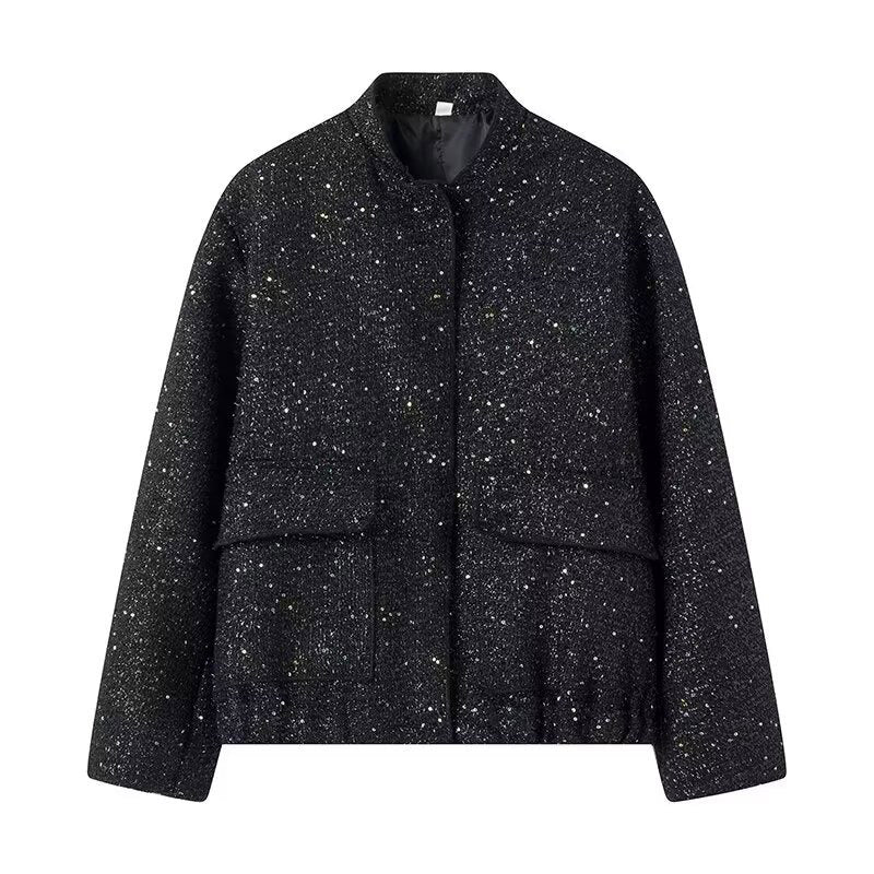 thanksgiving outfit JazzHer Casual Glitter Jacket Women O Neck Long Sleeve Single Breasted Buckle Pocket Coats 2024 Autumn New Chic Commuting Outerwear Lady