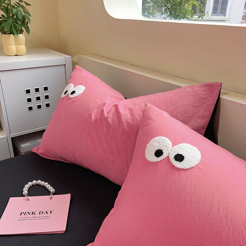 JazzHer Pink Big Eye Embroidery Bedding Sets Ins Korean Style Washing Cotton Cute Duvet Cover Bed Sheet Set Pillowcases 3/4pcs