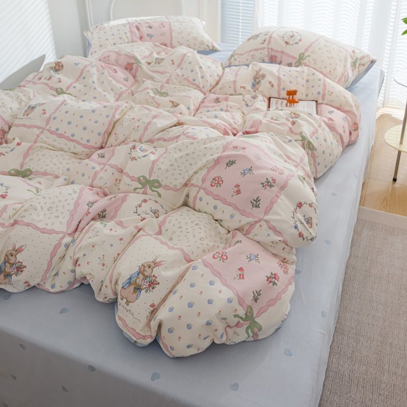 JazzHer Korean Style Duvet Cover Set No Filler Fashion Floral Ins Twin Double Queen Size Boys Girls Flat Sheet Pillowcases Bedding Linen