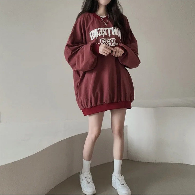 JazzHer Letter Print Oversized Round Neck Sweatshirt