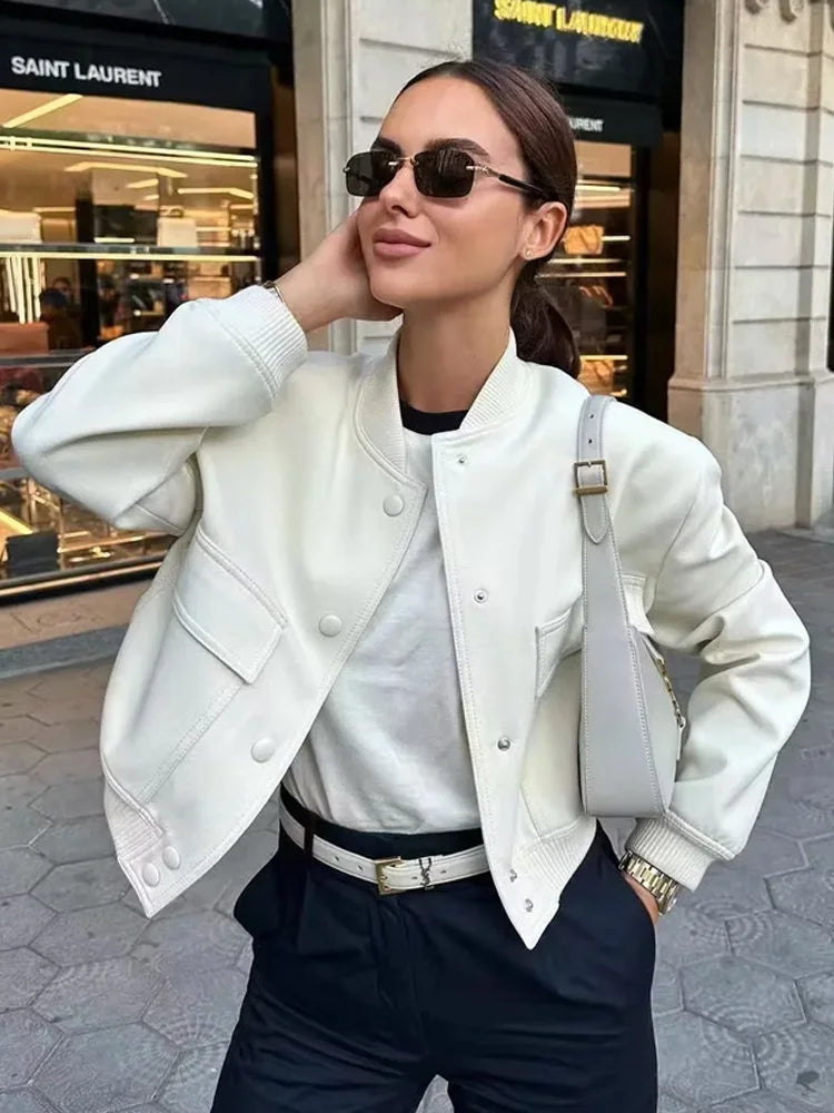 JazzHer Women Fashion With Pockets Bomber Jacket Coats Vintage Long Sleeve Front Button Casual Female Outerwear Chic Tops