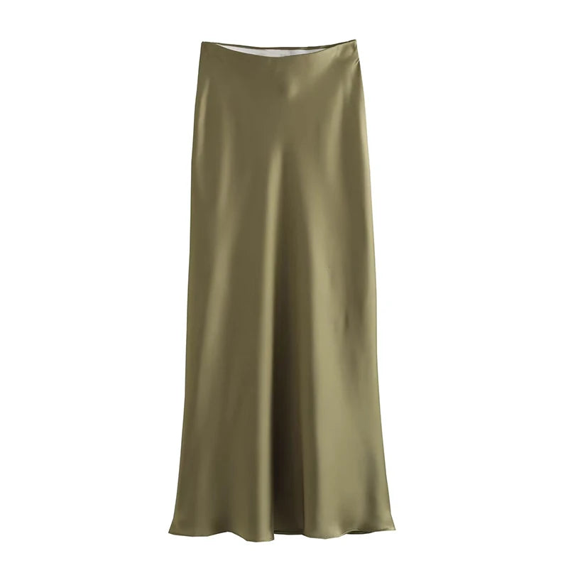 JazzHer 2024 Y2K Casual Women Long Skirt Spring Elastic High Waisted A-Line Casual Female Satin Skirts High Street Lady Skirts