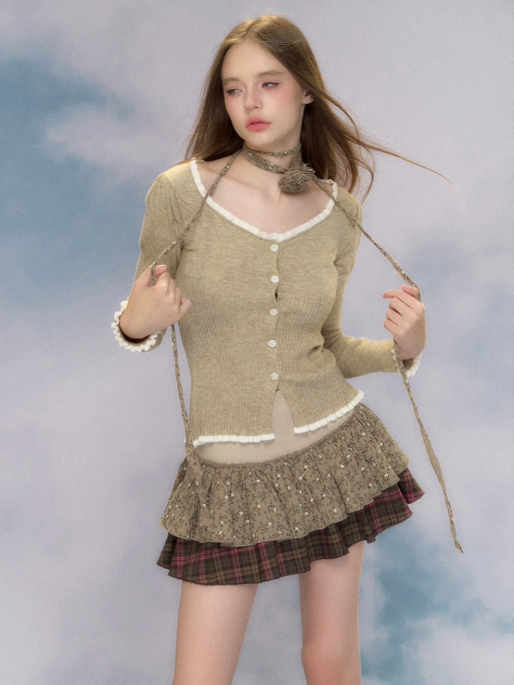JazzHer 2025 Autumn Vintage 2 Piece Skirt Set Women Casual Slim Sweater Cardigan + Y2k Retor Mini Cake Skirt Fashion Skirt Suits Female