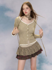 JazzHer 2025 Autumn Vintage 2 Piece Skirt Set Women Casual Slim Sweater Cardigan + Y2k Retor Mini Cake Skirt Fashion Skirt Suits Female