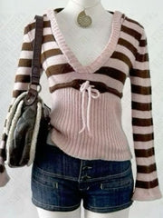 JazzHer Emo girls retro women's pullover chic V-neck colorblock stripes Y2K casual sweater aesthetic straps fall winter pink streetwear