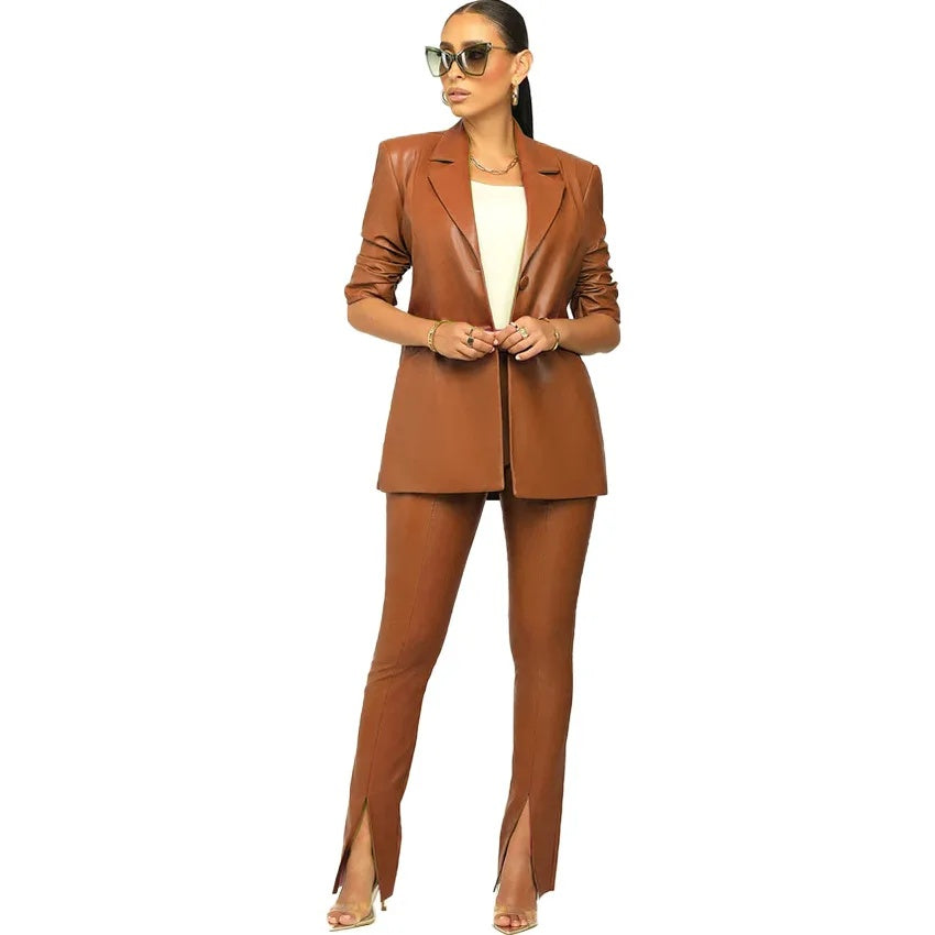 cold weather outfits JazzHer Women's Slimming Lapel PU Leather Suit Jacket Skirt Set Professional Style Independent Station WISH Explosion Model Autumn Winte