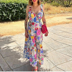 JazzHer Ladies Elegant Sweet Printed Ruffles Strap Summer Dress Women Sleeveless Backless Patchwork Holiday Beach Robe Maxi Dress Female