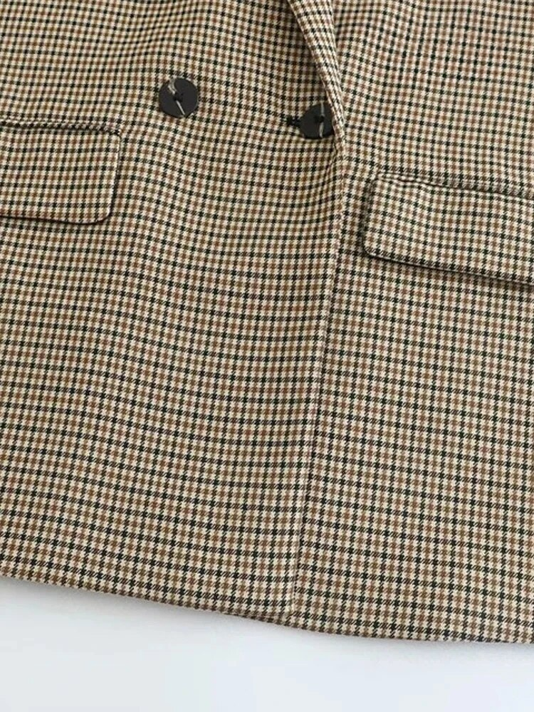 JazzHer Women Fashion Double Breasted Plaid Blazer Coat Vintage Long Sleeve Flap Pockets Female Outerwear Chic Vestes Femme