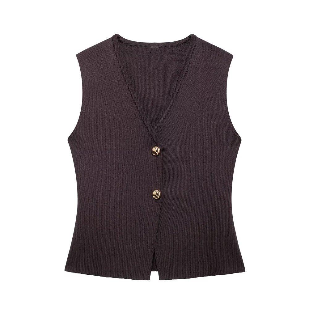 JazzHer Ladies With Gold Button Slim Fit Knit Waistcoat Women Vest Tank Vintage V-neck Sleeveless Button-Up Female Waistcoat Chic Tops