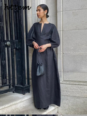 JazzHer Elegant Pleated Cotton Linen Long Dress Women Casual Loose V-neck Half Lantern Sleeve Female Dresses 2024 Autumn Lady Solid Robe