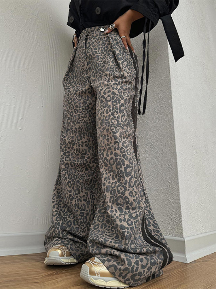 thanksgiving outfit JazzHer Casual Leopard Wide Leg Pant Women Patchwork High Waist Long Trouser Female 2024 Autumn Fashion Y2K All Match Striped Pants Lady