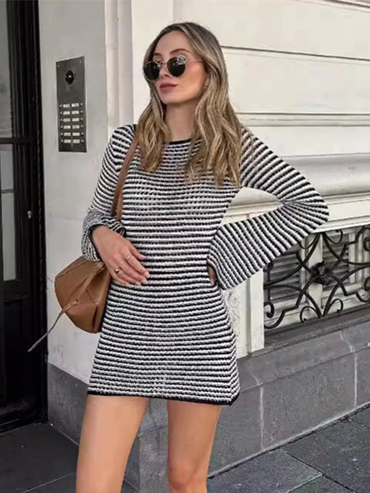 thanksgiving outfit JazzHer Striped Knit Short Dress For Women Casual O Neck Long Sleeves Mini Dresses Female 2024 Autumn Fashion Chic Beach Vestidos Lady